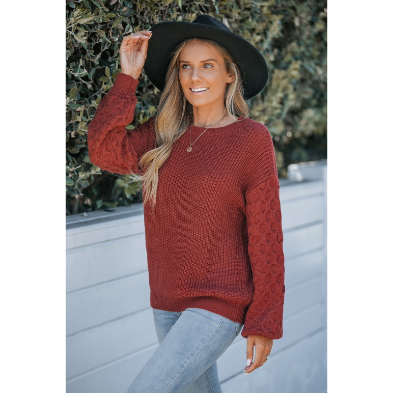 Damen Rippstrickpullover mit Puffärmeln in Rostrot