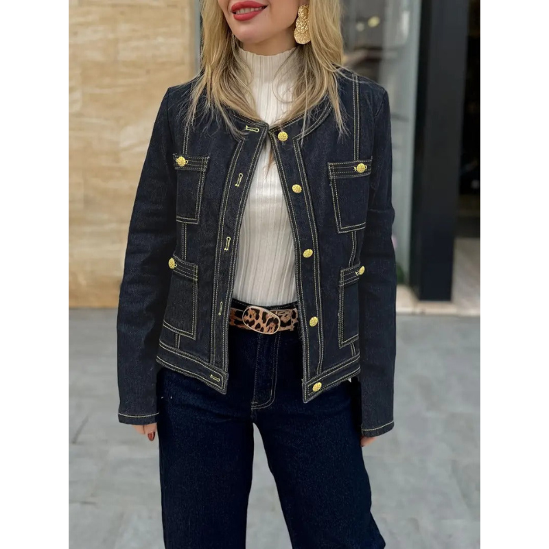 Dunkelblaue Damen-Jeansjacke mit Goldenen Akzenten