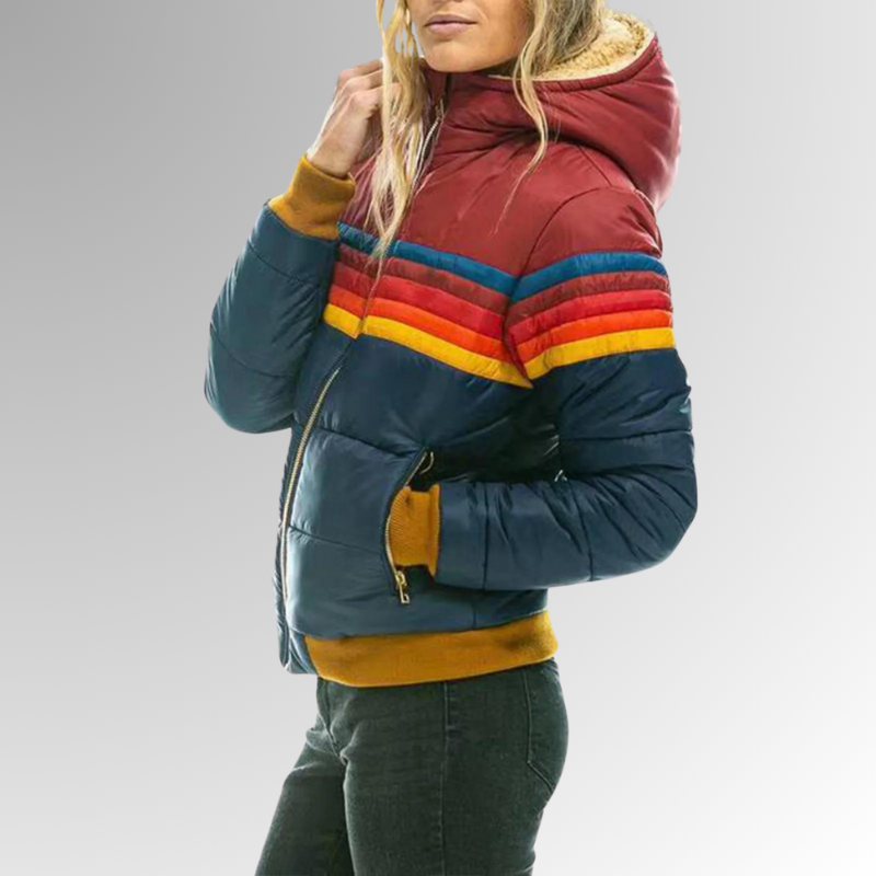 Damen Wasserfeste Kapuzen-Pufferjacke – Farbblock Winterjacke
