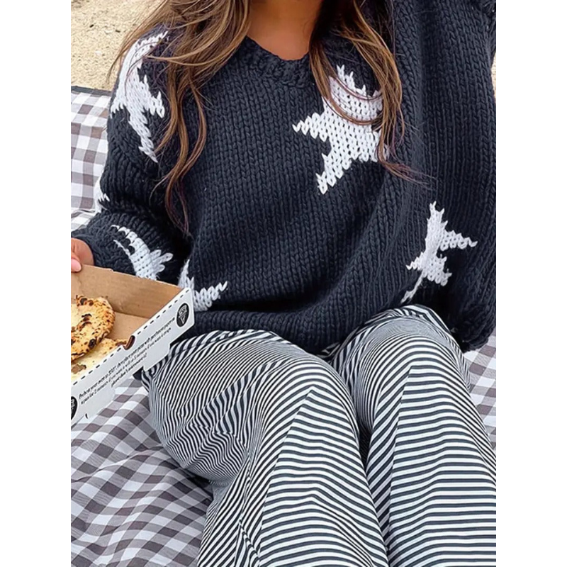 Damen V-Ausschnitt Strickpullover mit Sternenmuster – Marineblau