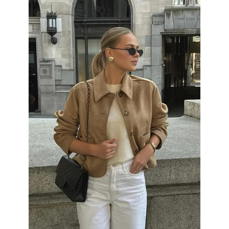 Damen Wildlederjacke mit Knopfverschluss – Camel