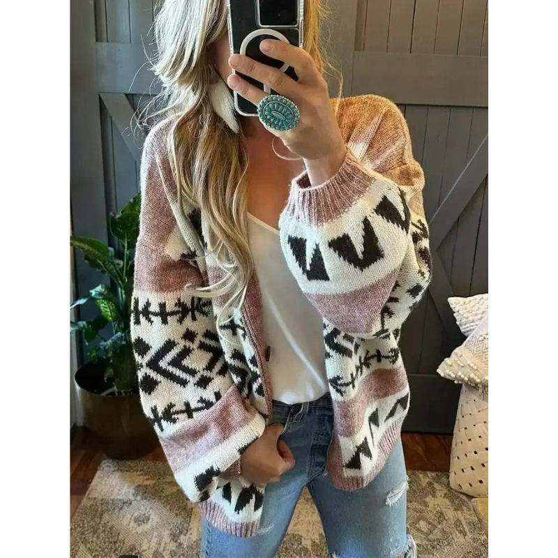 Bianca – Damen-Cardigan mit geometrischem Design und Puffärmeln