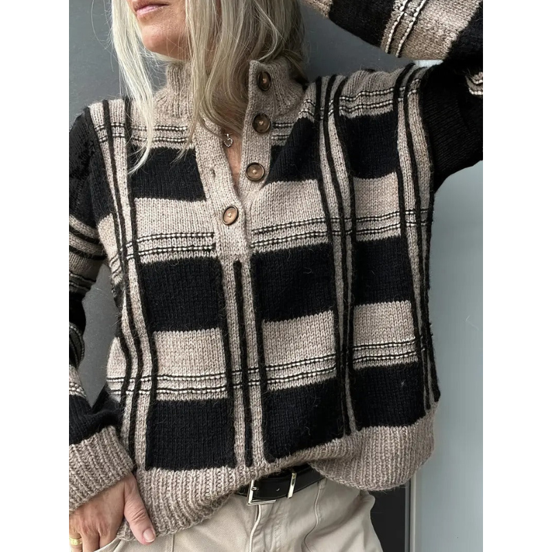 Frauen Farbblock Strickpullover mit Knöpfen – Stehkragen