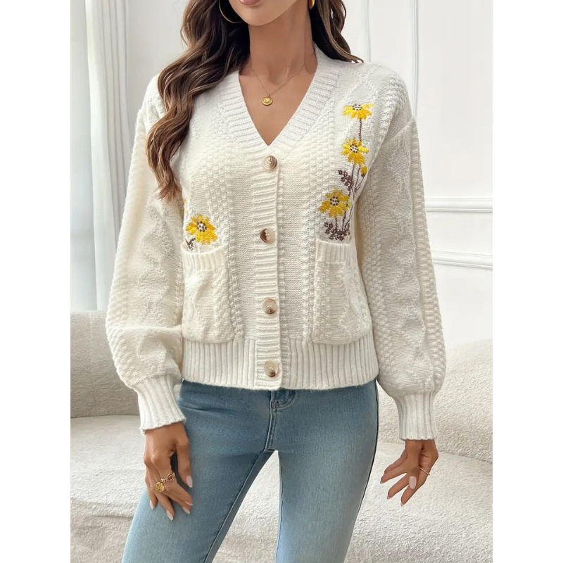 Frauen Strickjacke mit Blumenstickerei – Aprikose