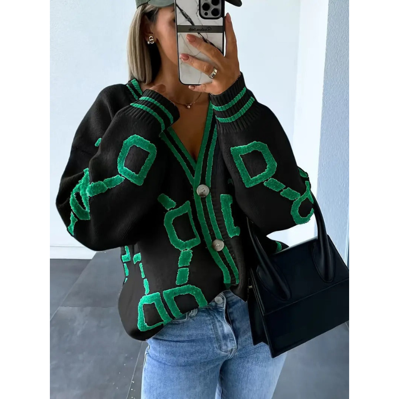 V-Ausschnitt Strickjacke für Damen mit Emblem-Print