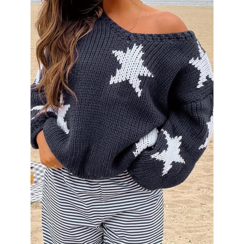 Damen V-Ausschnitt Strickpullover mit Sternenmuster – Marineblau