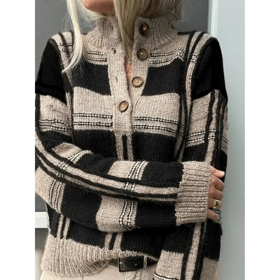 Frauen Farbblock Strickpullover mit Knöpfen – Stehkragen