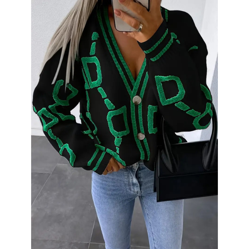 V-Ausschnitt Strickjacke für Damen mit Emblem-Print