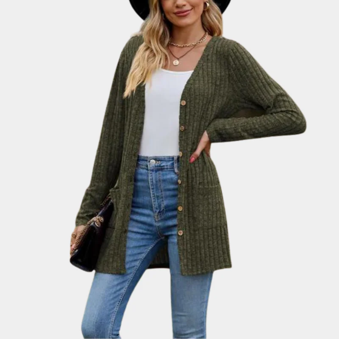 Langärmeliger Strick-Ripp-Cardigan mit Knopfdetails