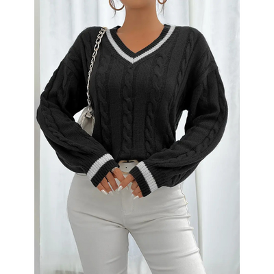 Frauen V-Ausschnitt Kabelstrickpullover mit Kontrastbündchen