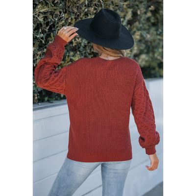 Damen Rippstrickpullover mit Puffärmeln in Rostrot