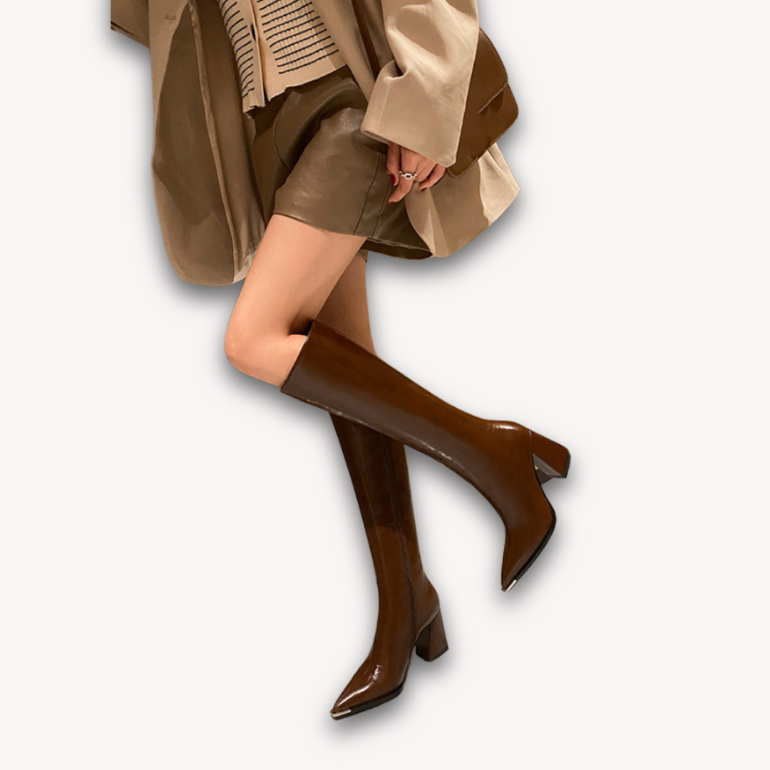 Damen Kniehohe Lederstiefel – Elegante spitz zulaufende Zehen
