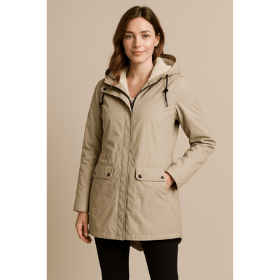 Amaya Wasserdichter Trenchcoat – Damenjacke mit Fleece-Futter und abnehmbarer Kapuze