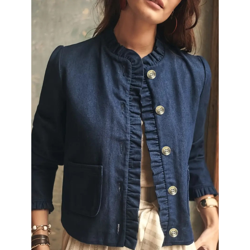 Marineblaue Damen-Denimjacke mit Rüschen