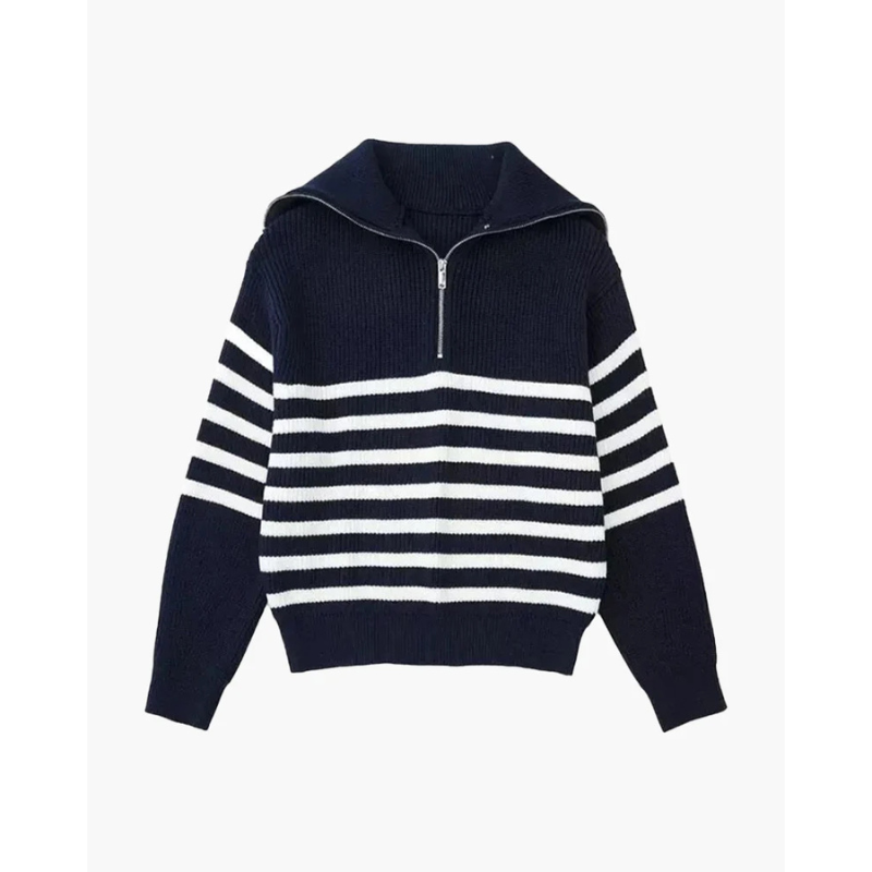 Gestreifter Strick-Pullover mit Reißverschluss