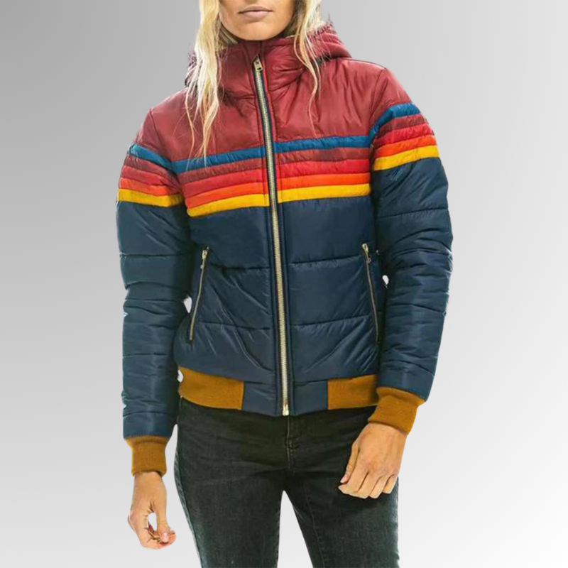 Damen Wasserfeste Kapuzen-Pufferjacke – Farbblock Winterjacke