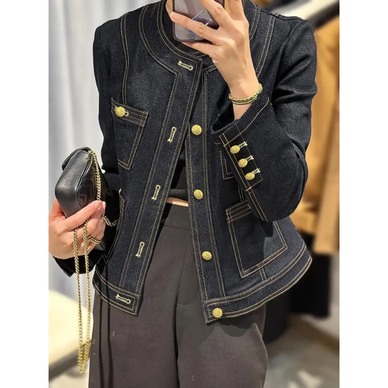 Dunkelblaue Damen-Jeansjacke mit Goldenen Akzenten