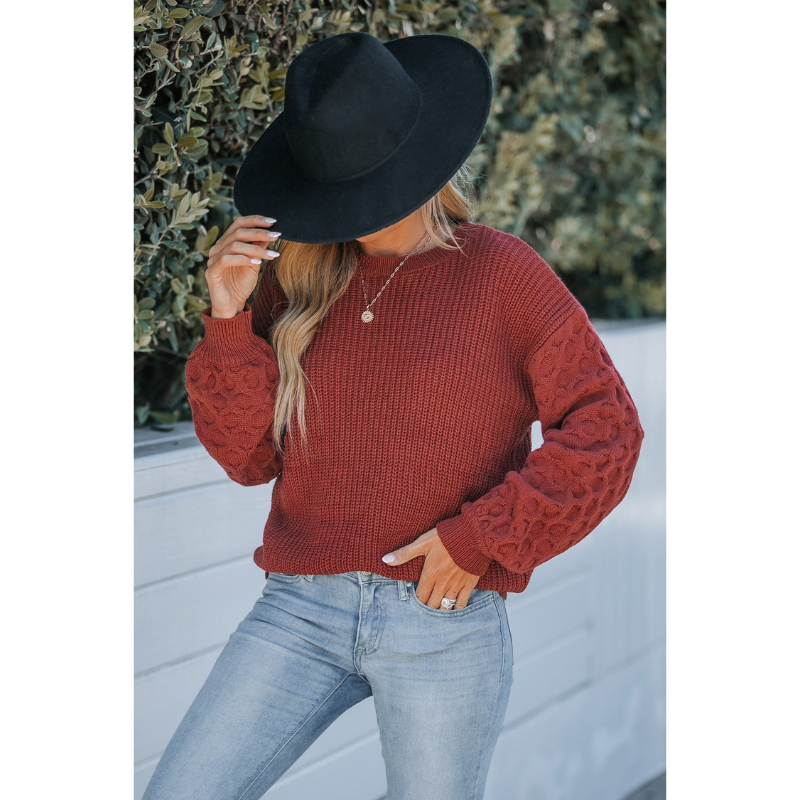 Damen Rippstrickpullover mit Puffärmeln in Rostrot