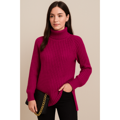 Elsie Rippstrickpullover – Damenpullover mit Hohem Kragen und Seitenschlitzen