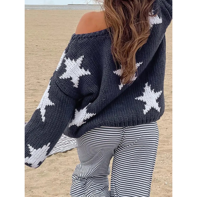 Damen V-Ausschnitt Strickpullover mit Sternenmuster – Marineblau