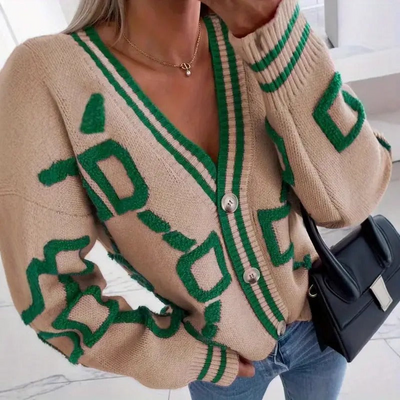 V-Ausschnitt Strickjacke für Damen mit Emblem-Print