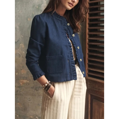 Marineblaue Damen-Denimjacke mit Rüschen