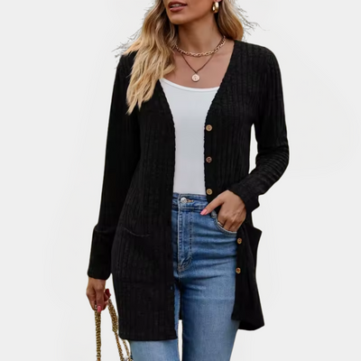 Langärmeliger Strick-Ripp-Cardigan mit Knopfdetails