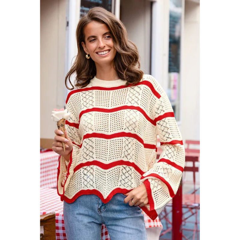 Gestreifter Pullover für Damen mit Trompetenärmeln