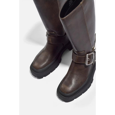 Damen Knöchelhohe Stiefel mit Schnalle – Chunky Sohle im Retro-Stil