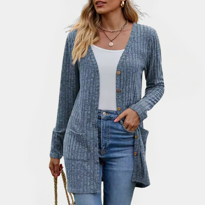Langärmeliger Strick-Ripp-Cardigan mit Knopfdetails