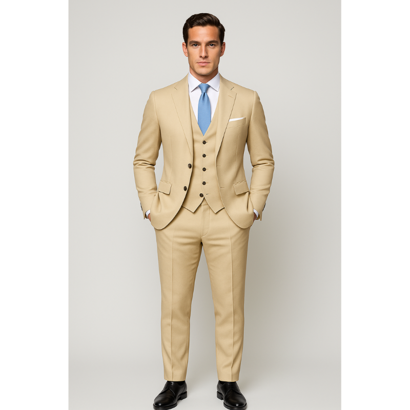 Dreiteiliger Herrenanzug in Dunkelgrau und Beige