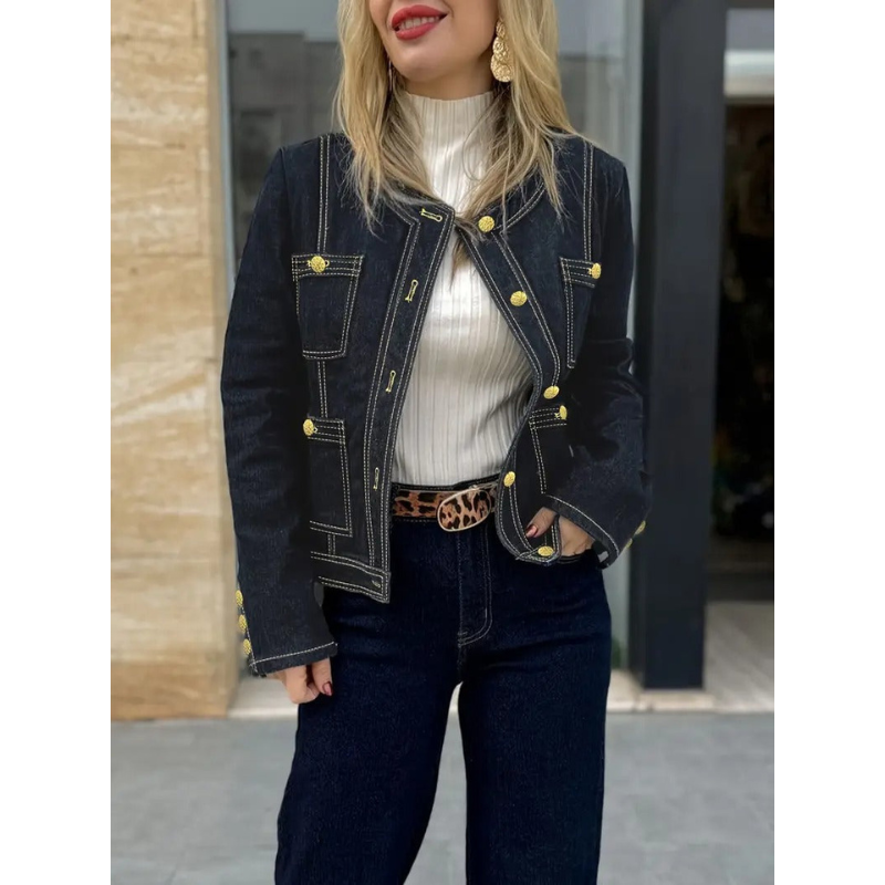 Dunkelblaue Damen-Jeansjacke mit Goldenen Akzenten