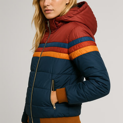 Damen Wasserfeste Kapuzen-Pufferjacke – Farbblock Winterjacke