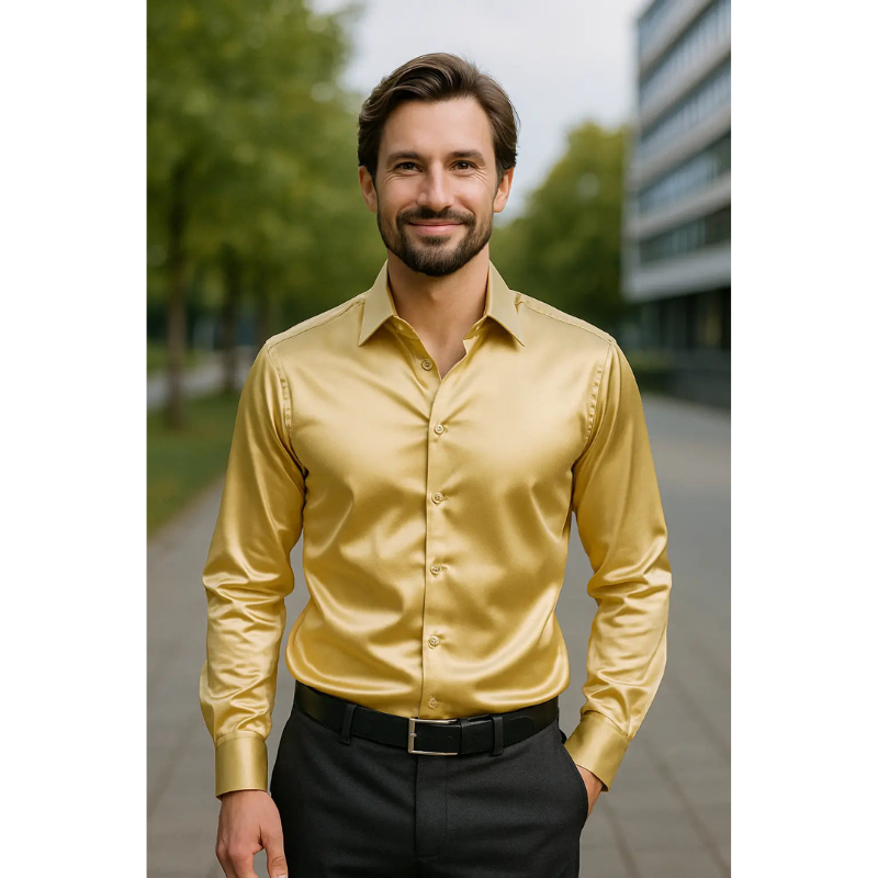 Herren Slim Fit Satinhemd mit langen Ärmeln