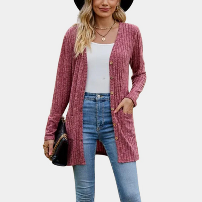 Langärmeliger Strick-Ripp-Cardigan mit Knopfdetails