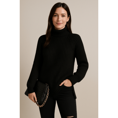 Elsie Rippstrickpullover – Damenpullover mit Hohem Kragen und Seitenschlitzen