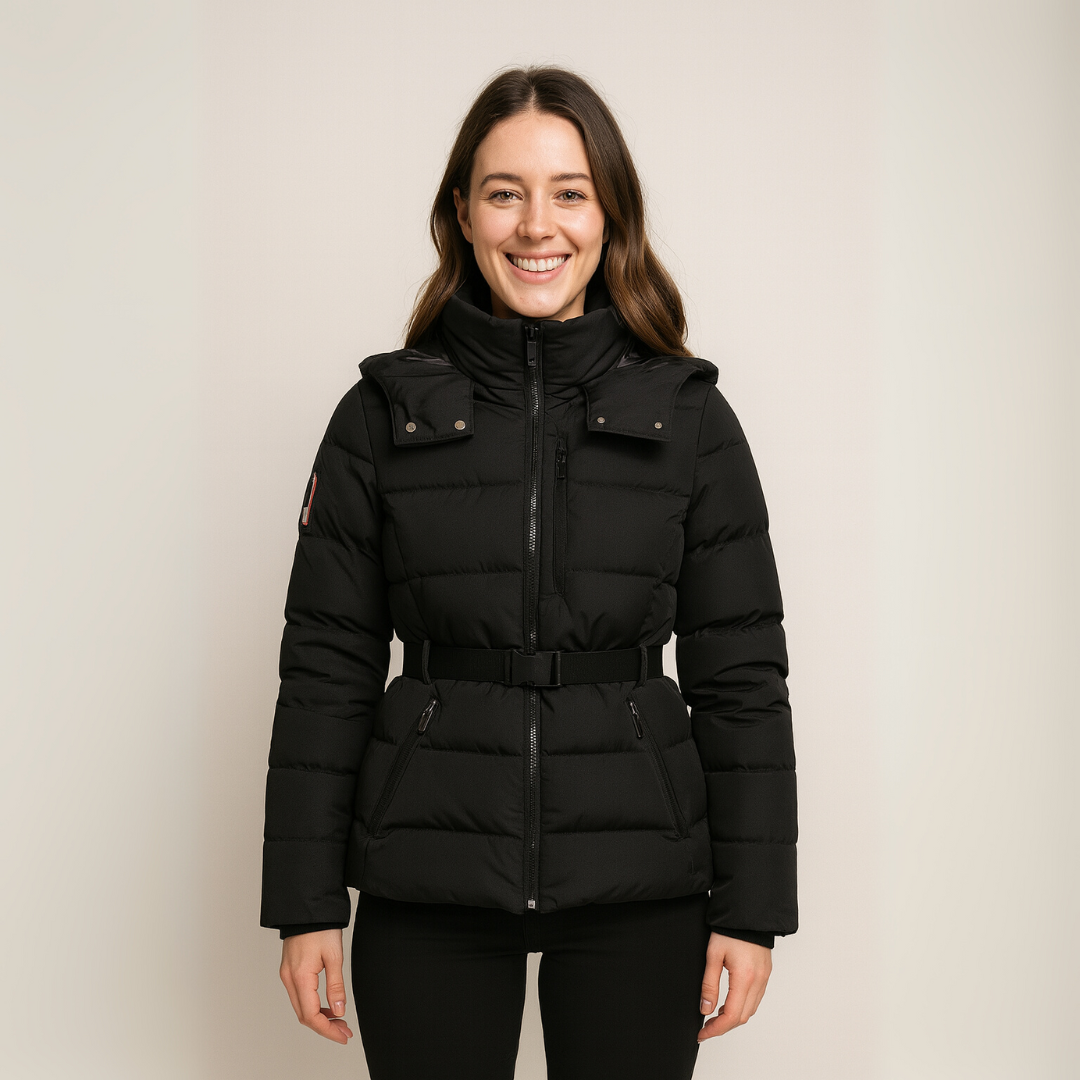 Damen Schwarze Pufferjacke – Gepolstert mit Gürtel und Hohem Kragen