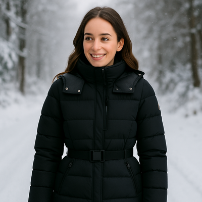 Damen Schwarze Pufferjacke – Gepolstert mit Gürtel und Hohem Kragen