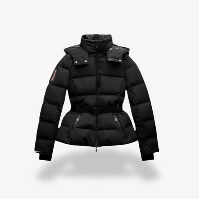 Damen Schwarze Pufferjacke – Gepolstert mit Gürtel und Hohem Kragen