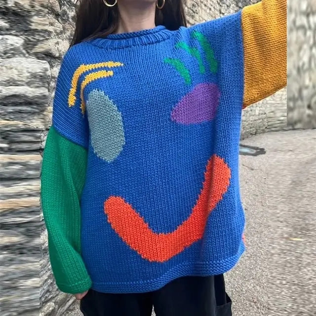 Liora Oversized Boho Pullover mit Smiley-Motiv