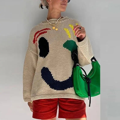 Liora Oversized Boho Pullover mit Smiley-Motiv