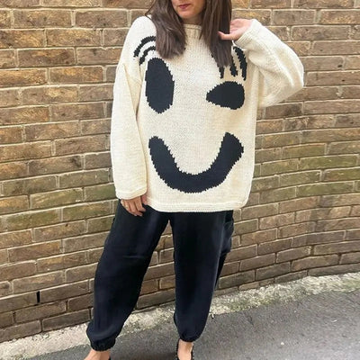 Liora Oversized Boho Pullover mit Smiley-Motiv