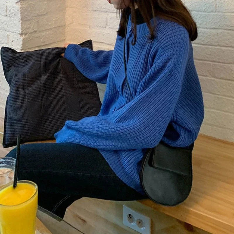 Damen Oversized Strickweste – Blaue Weste mit Ballonärmeln