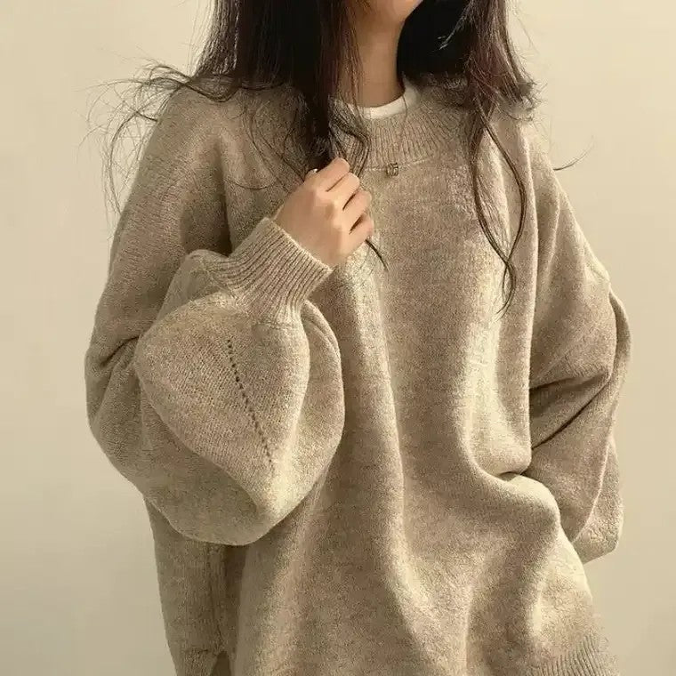 Übergroßer Strickpullover mit Rundhalsausschnitt und Ballonärmeln – Damen
